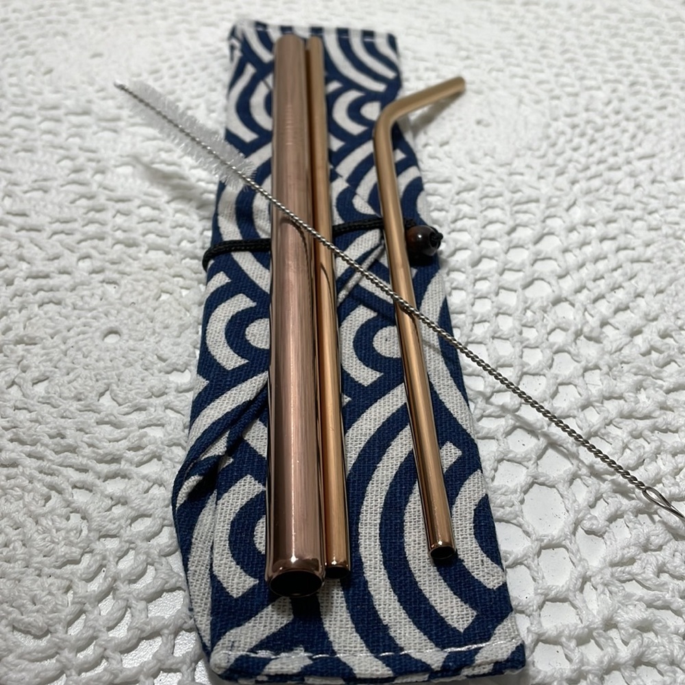 New! Rose-gold stainless steel straw set